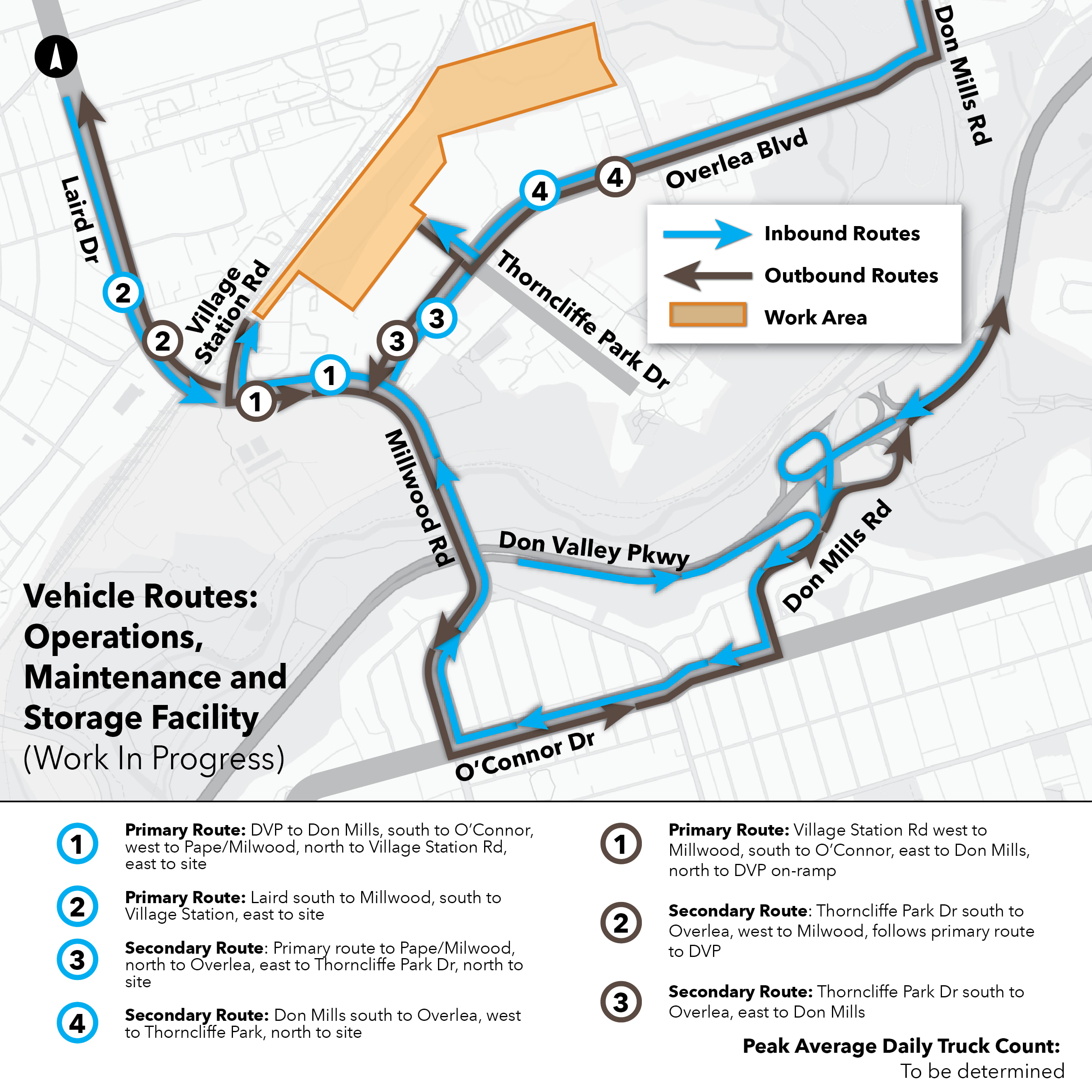 Maps of routes that construction trucks take to and from Ontario Line work sites