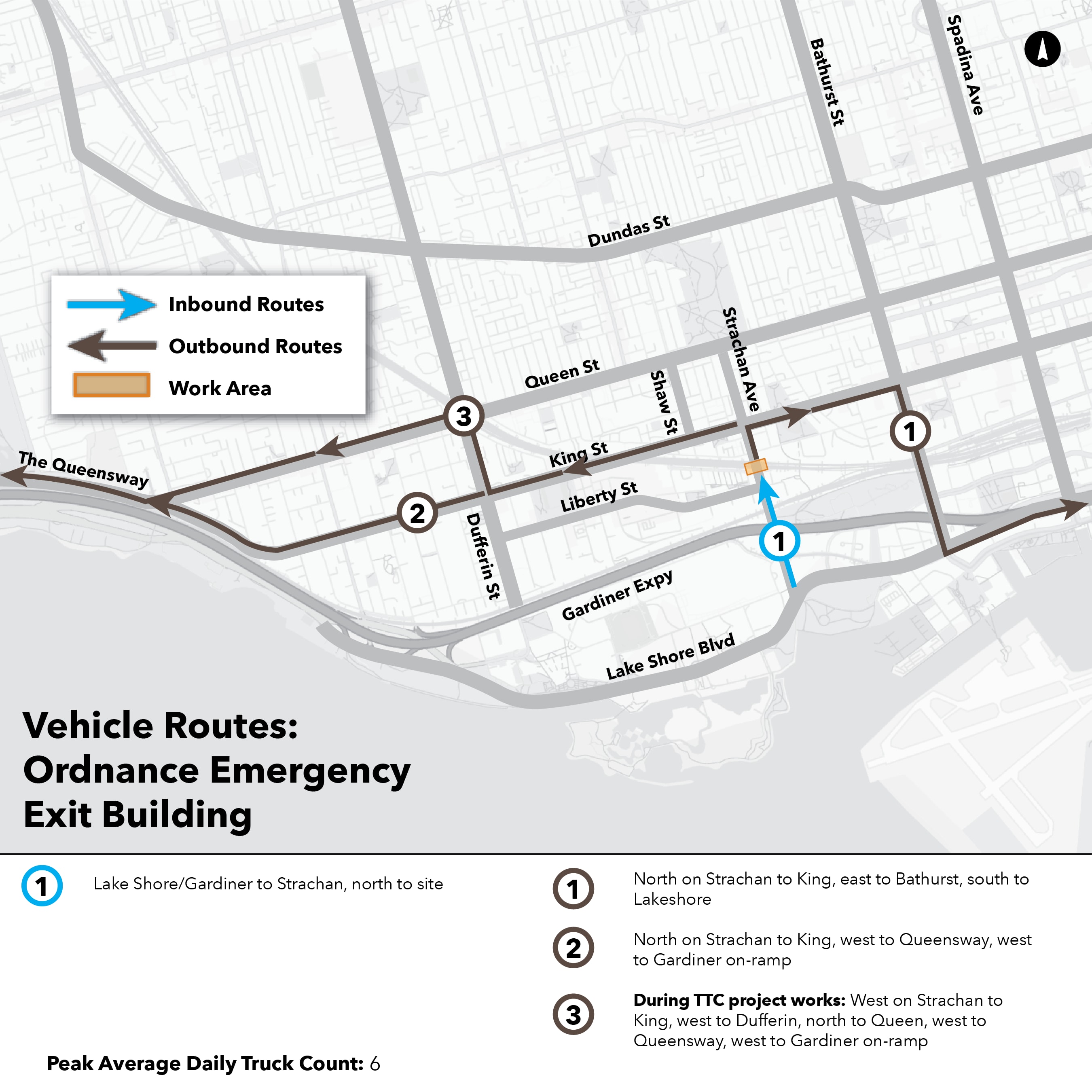 Maps of routes that construction trucks take to and from Ontario Line work sites