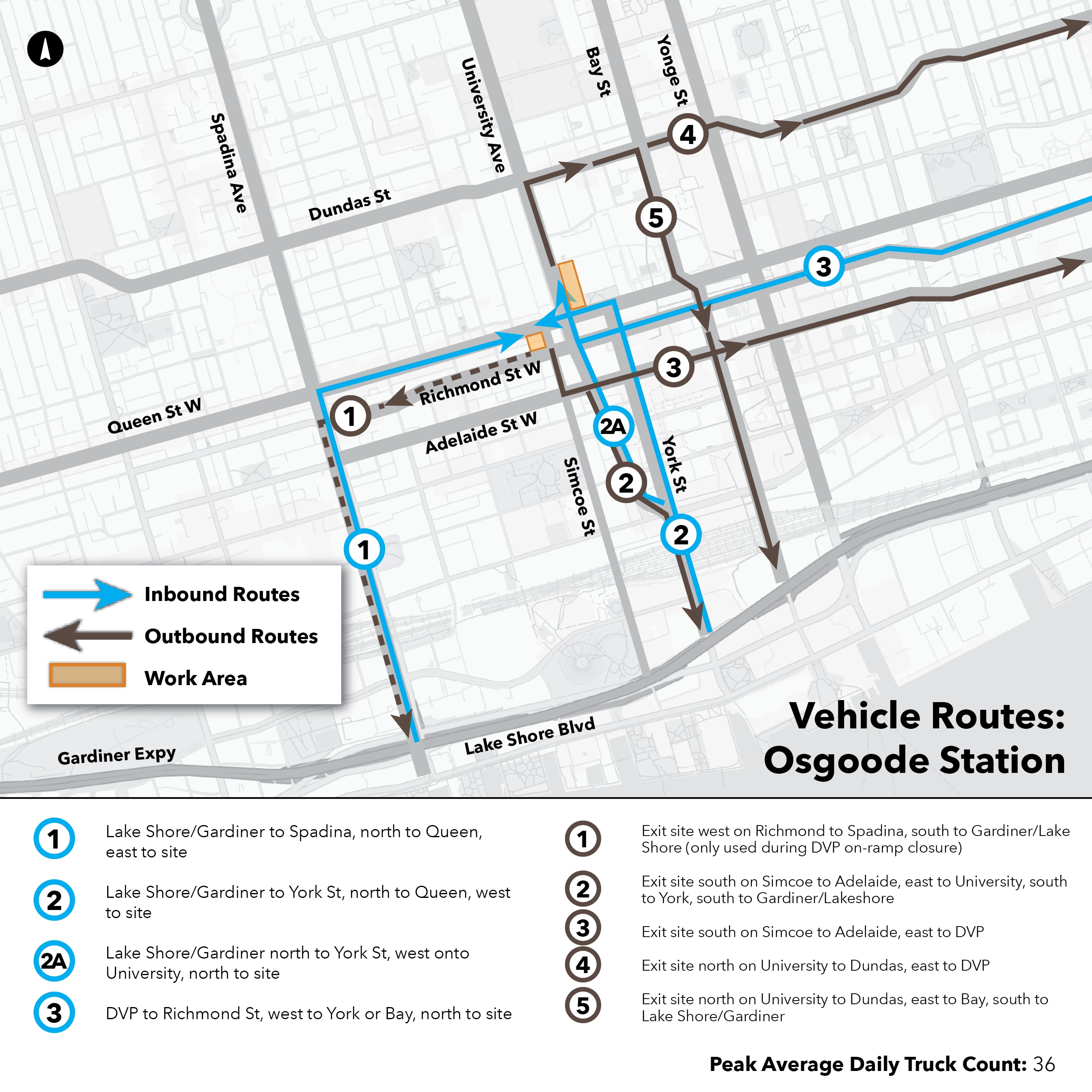 Maps of routes that construction trucks take to and from Ontario Line work sites