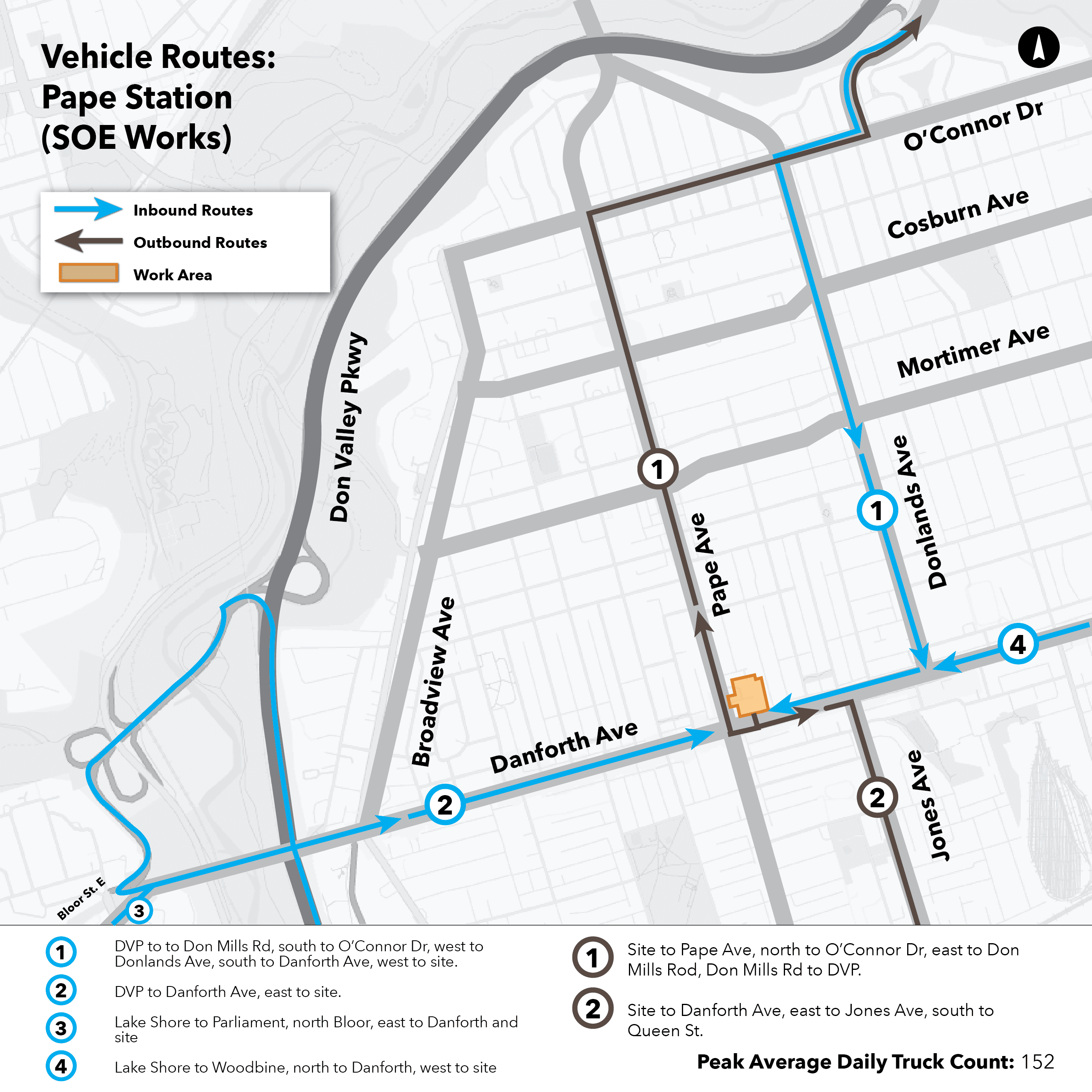 Maps of routes that construction trucks take to and from Ontario Line work sites