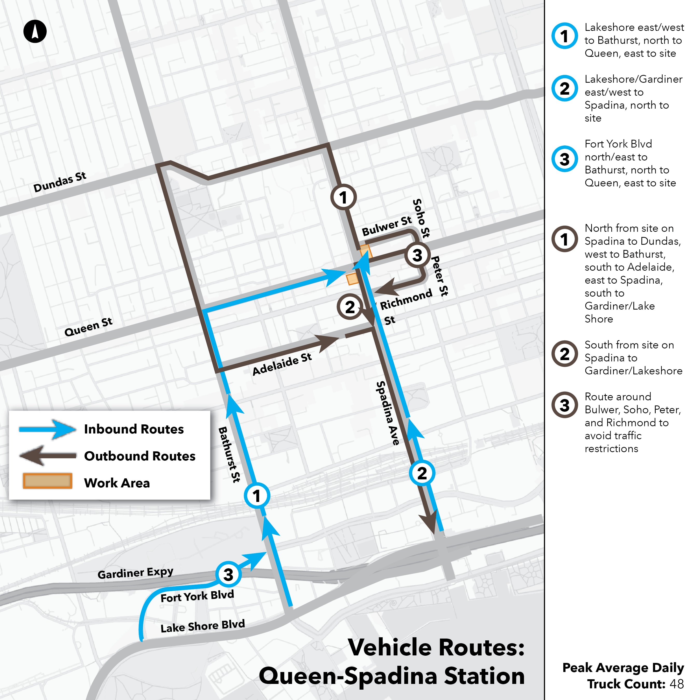 Maps of routes that construction trucks take to and from Ontario Line work sites