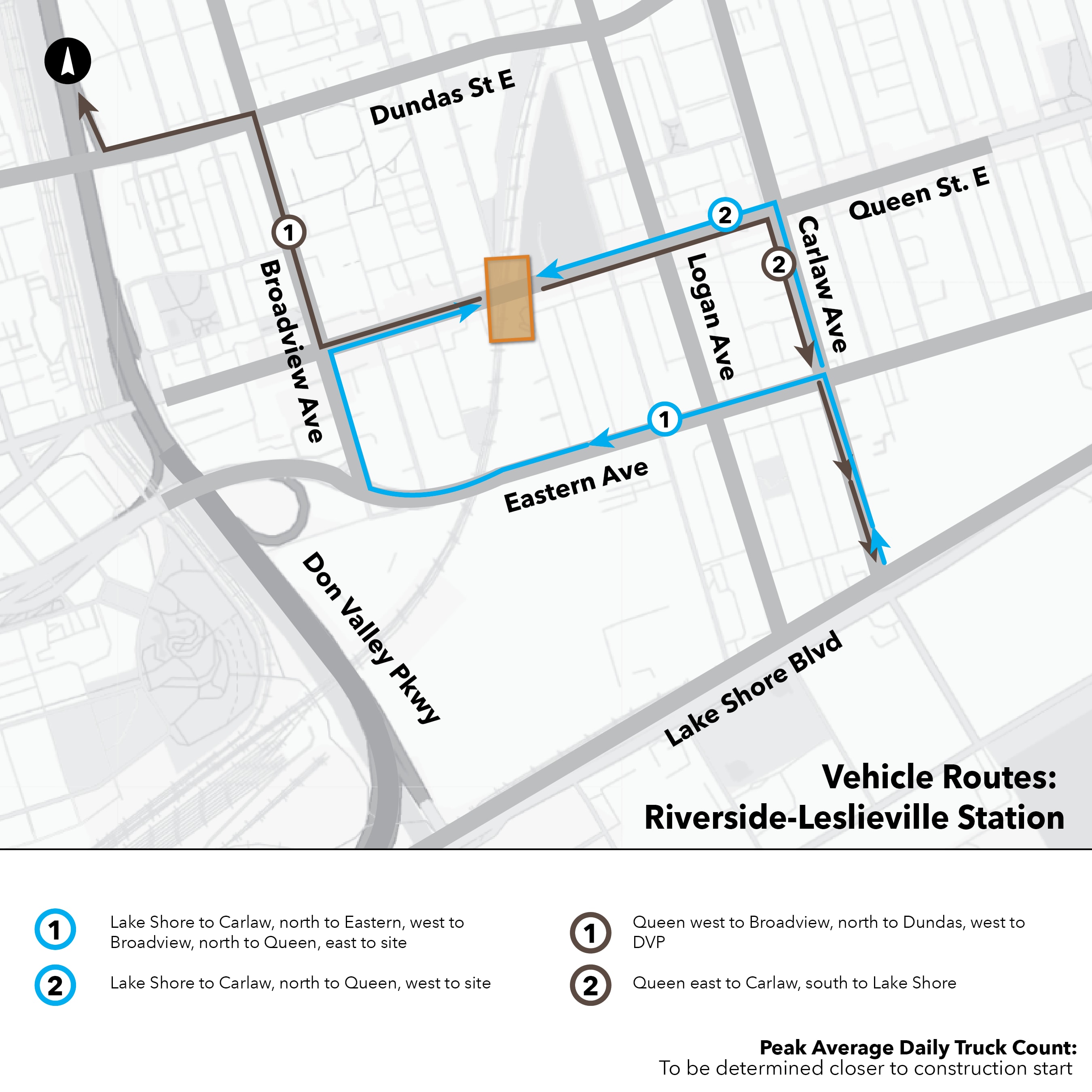 Maps of routes that construction trucks take to and from Ontario Line work sites