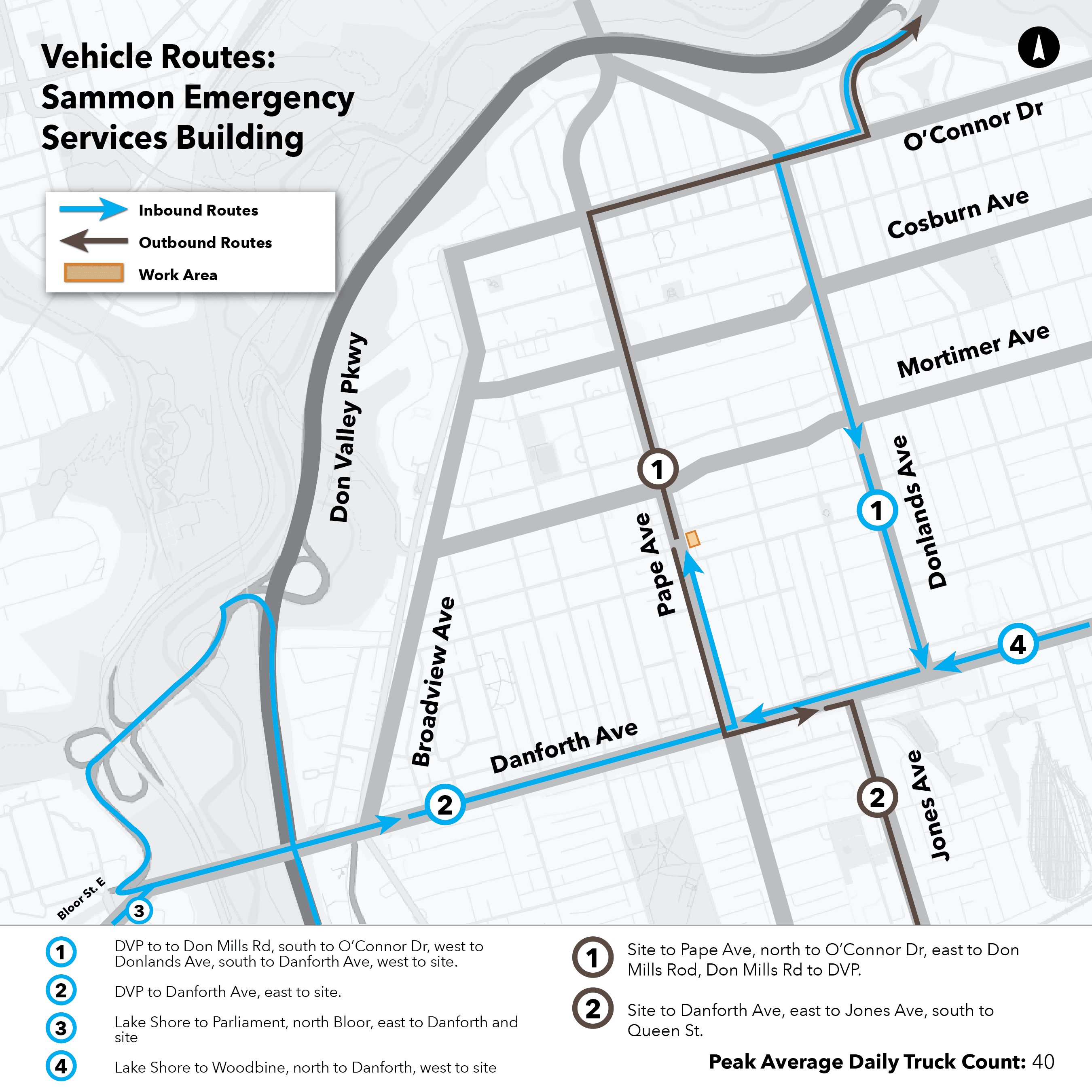 Maps of routes that construction trucks take to and from Ontario Line work sites