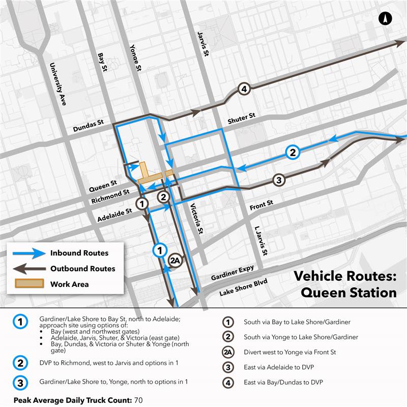 Ontario Line truck route map for Queen Station construction site