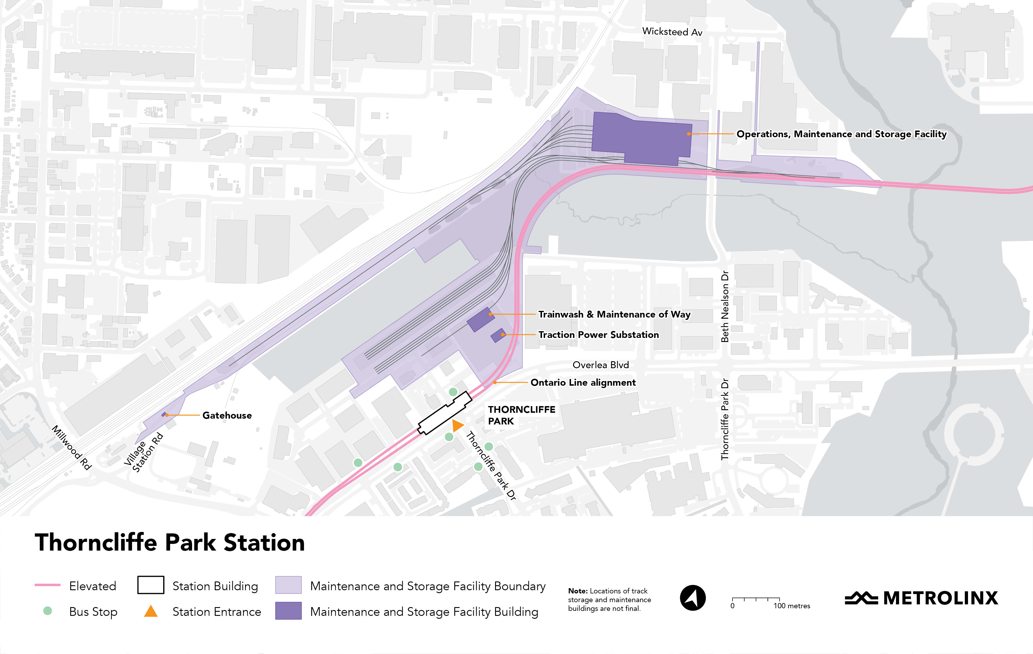 Map showing location of the Ontario Line's Thorncliffe Park Station and nearby maintenance facility
