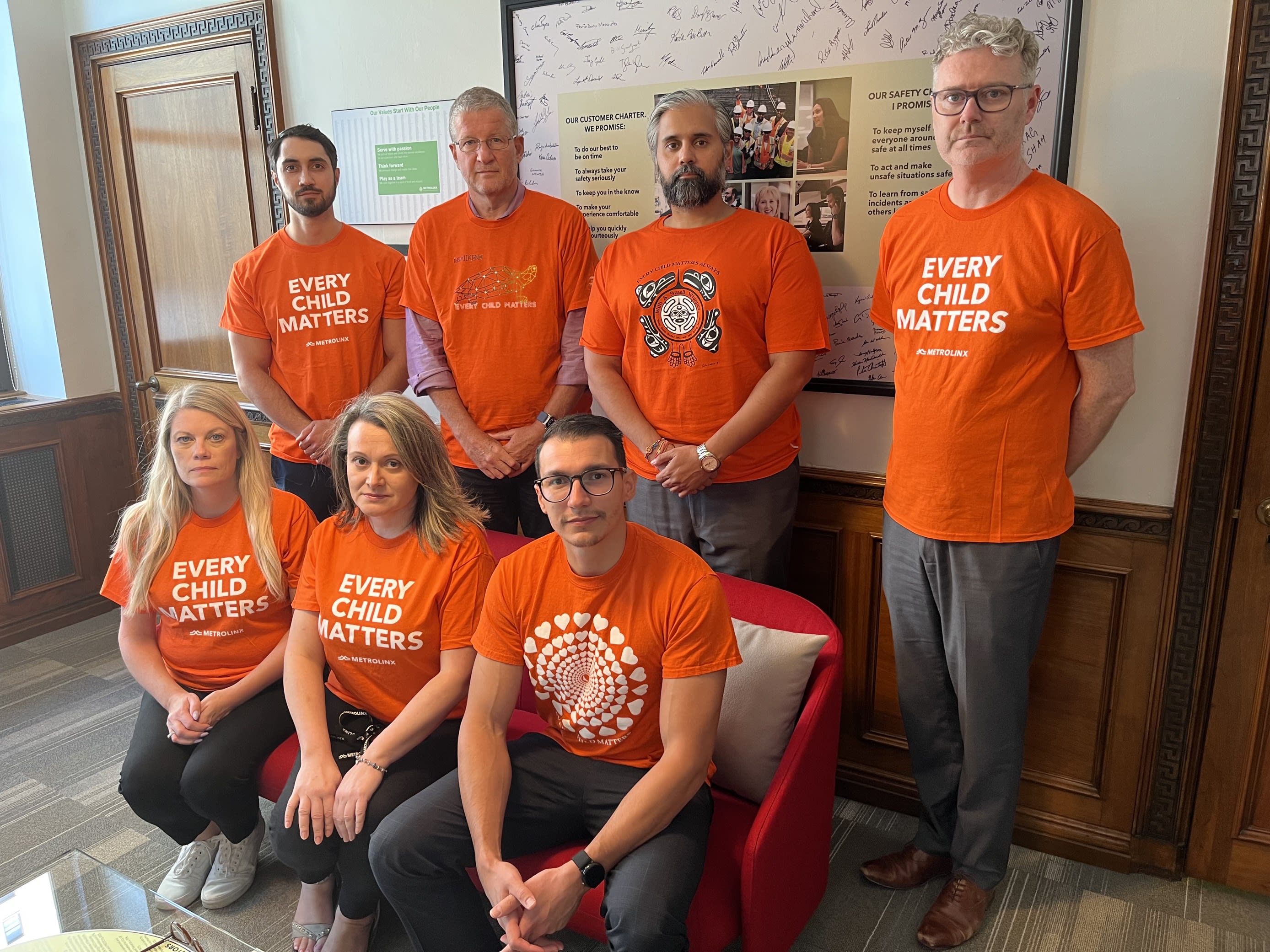 Metrolinx employees showing support for Orange Shirt Day, including President & CEO Phil Verster
