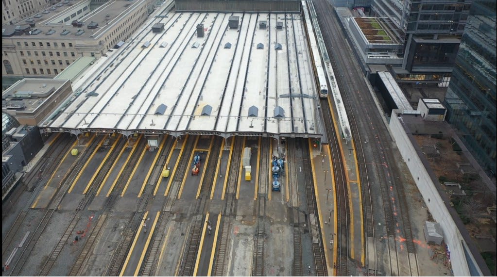A drone shot of Union Station tracks.
