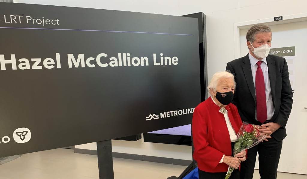 Former mayor of Mississauga Hazel McCallion stands with Metrolinx President and CEO Phil Verster