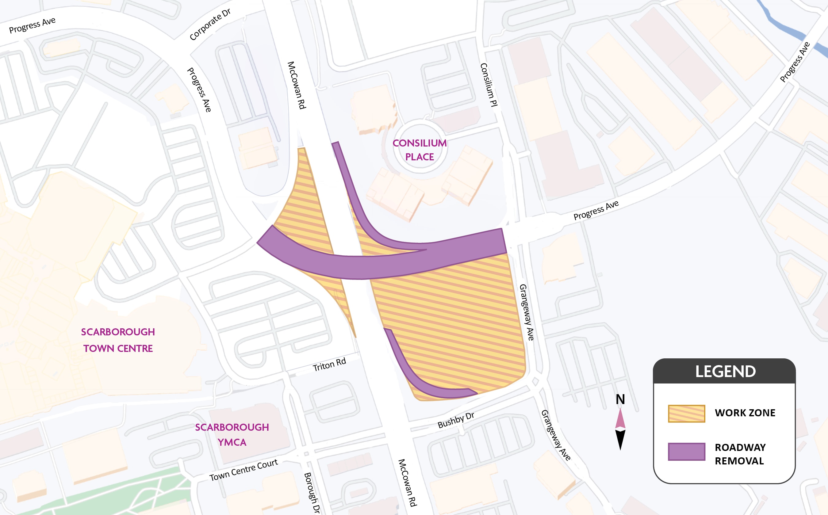 A map of the work area showing roadways being removed