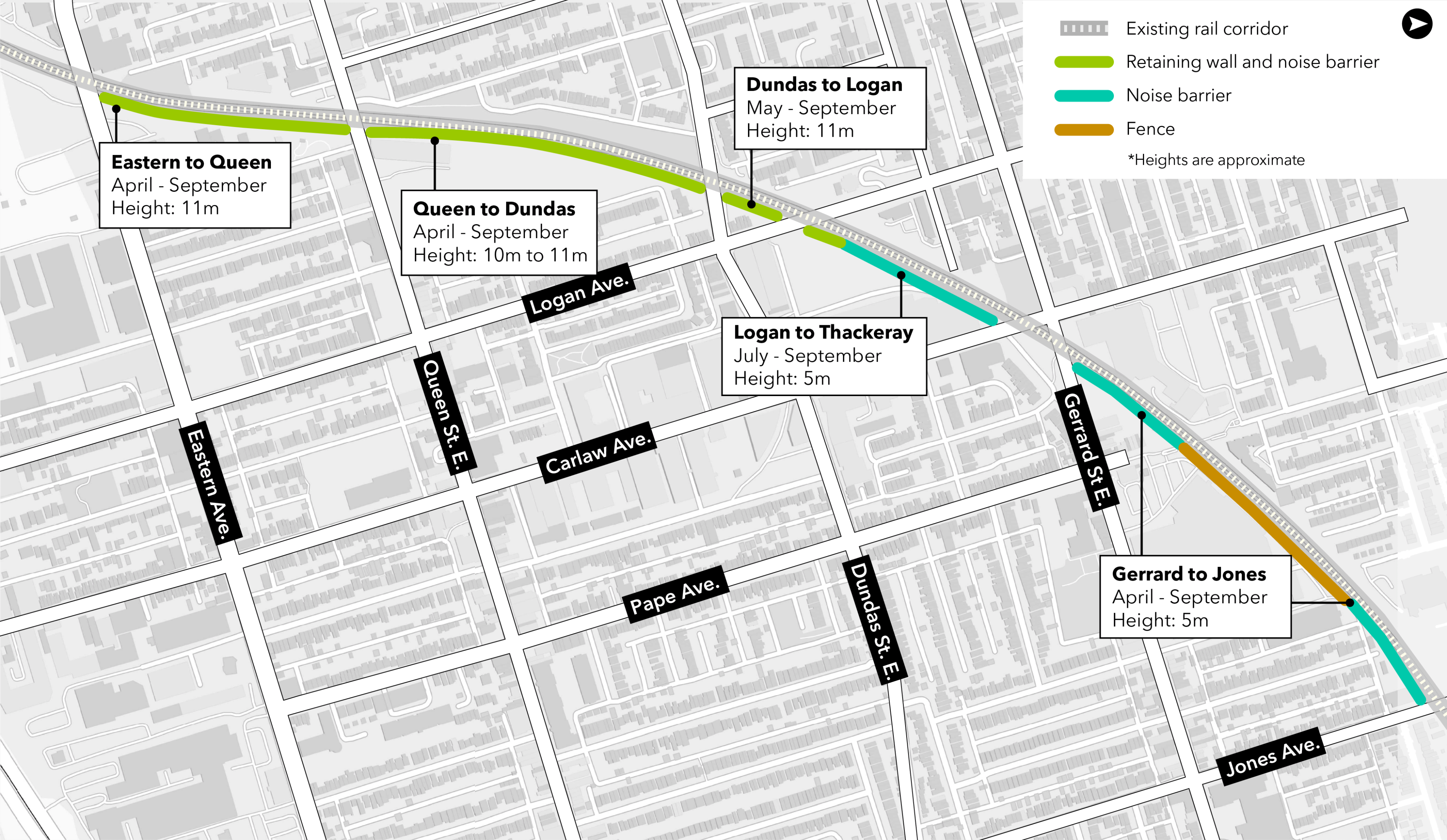 Map of the installation process for new Ontario Line retaining and noise walls