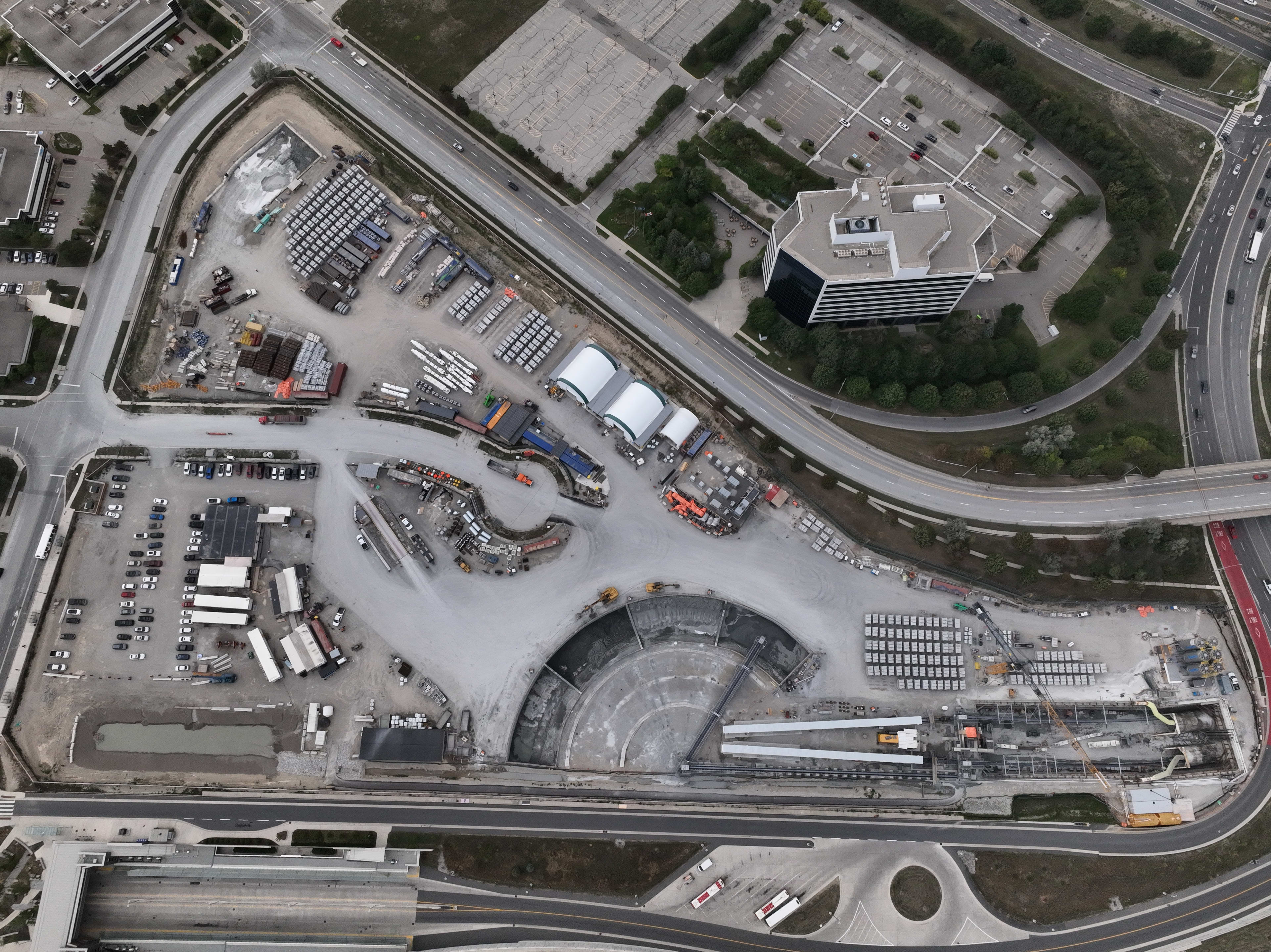 Drone shot of the tunnel launch site of the Eglinton Crosstown West Extension