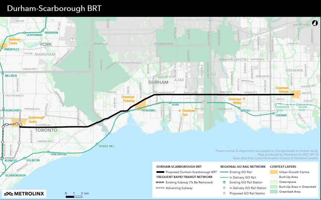 The latest route map for the Durham-Scarborough BRT.