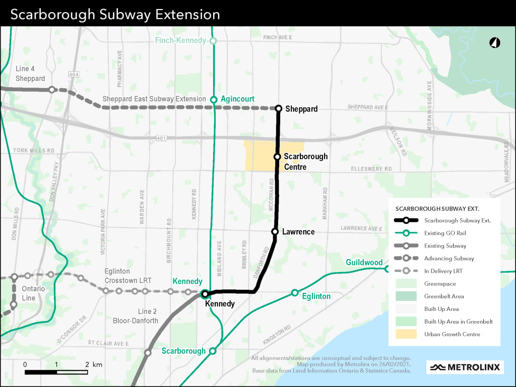 The route map for the Scarborough Subway Extension project