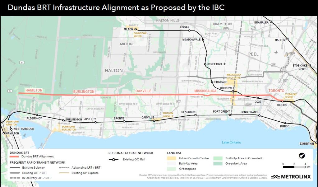 A map of the proposed Dundas BRT with the route highlighted in red.