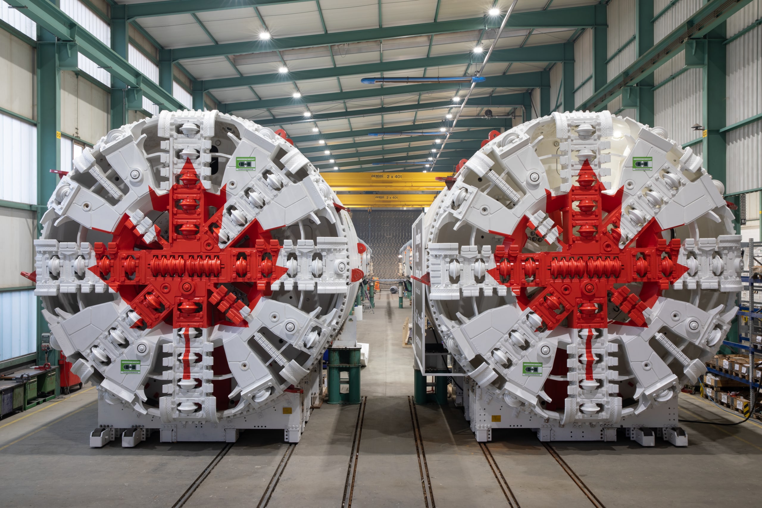 Photo showing two twin TBMs at factory in Germany