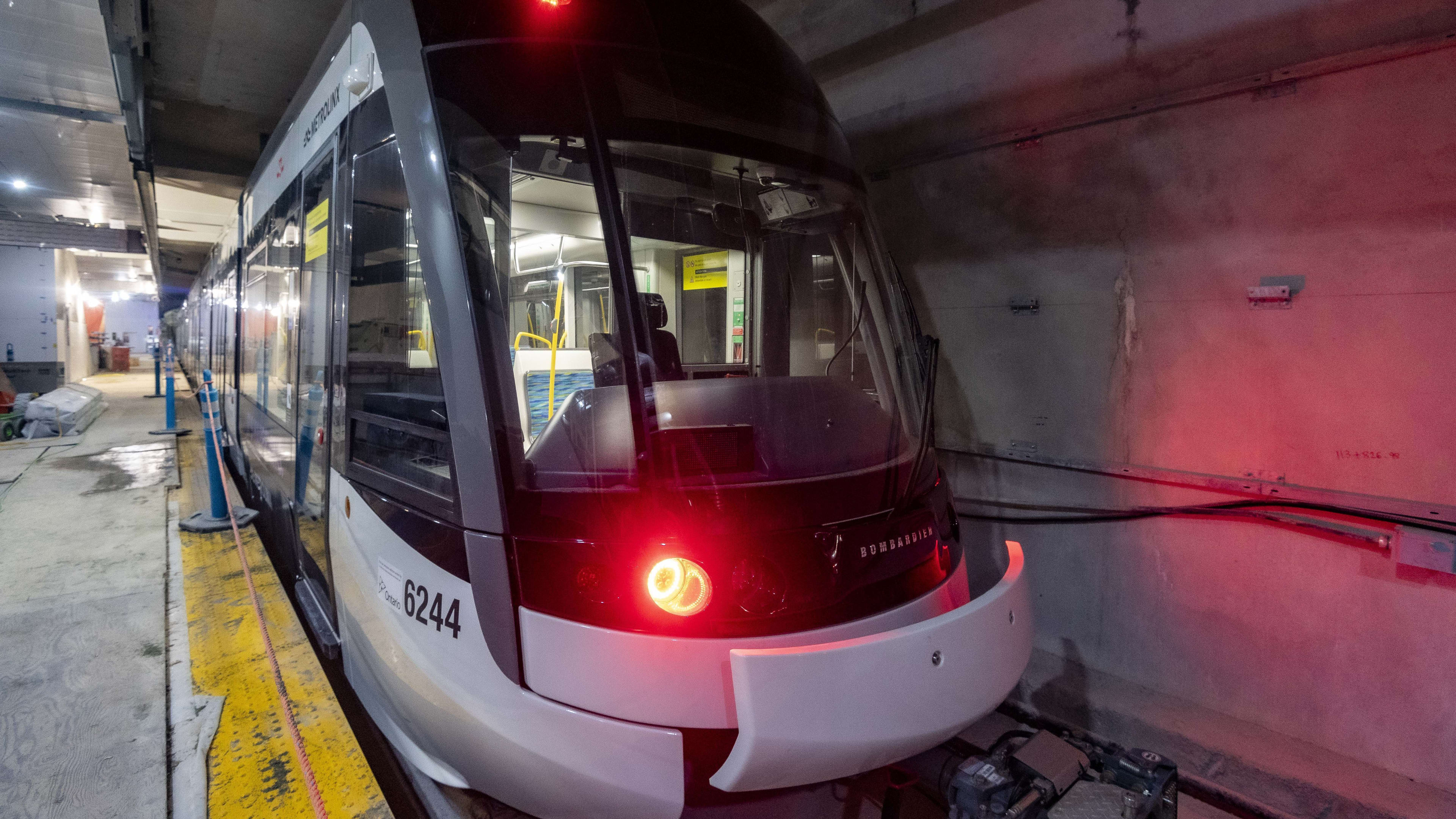 An Eglinton Crosstown LRT vehicle in one of the underground stations along the route during recen...
