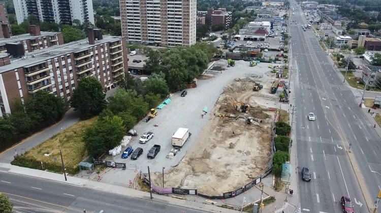 A drone shot looking east to work underway at Eglinton and Midland.