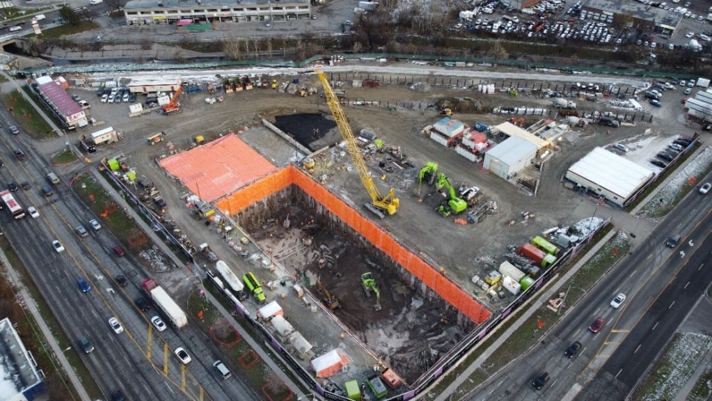 An aerial view of the launch shaft site in December as excavation continues.