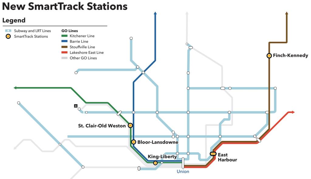Map of the SmartTrack stations on the GO Network.