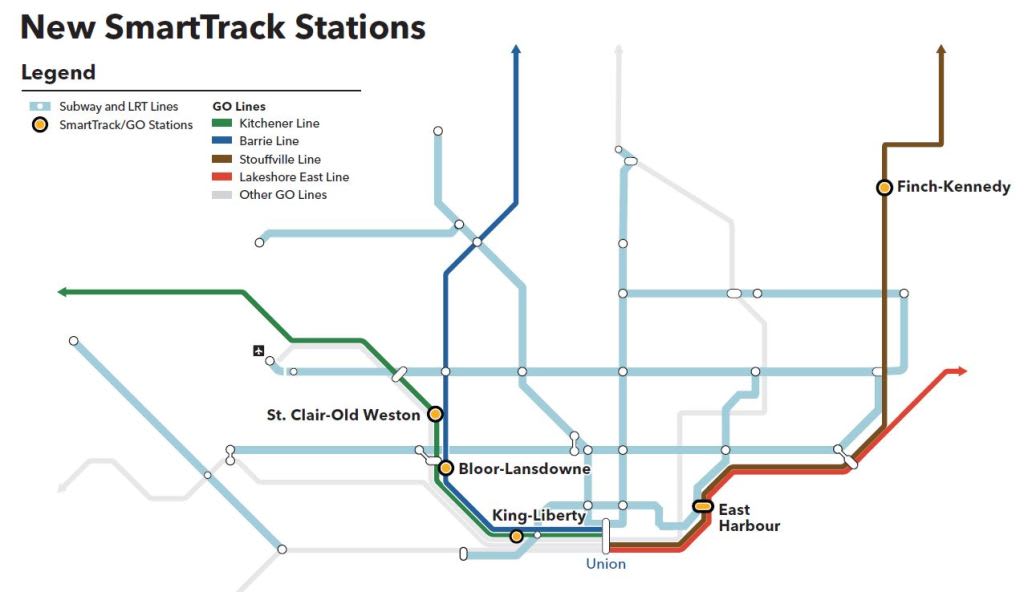 Map showing the SmartTrack stations across the City of Toronto.