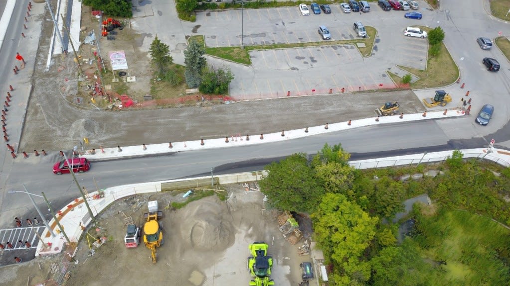 Image looks down on the roadway work.