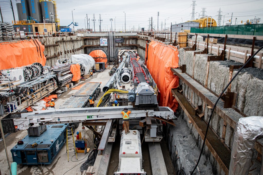 A wide angle shot of the tunnel boring machines at the launch site