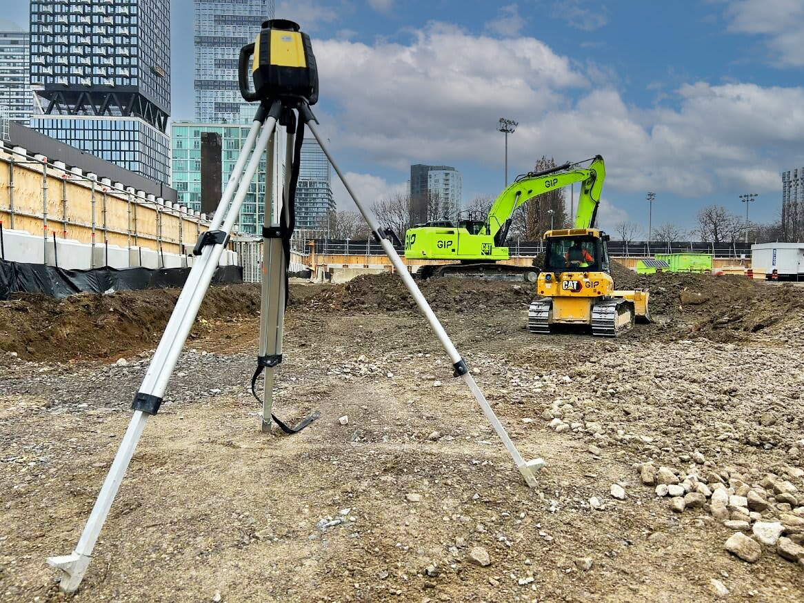 Surveying equipment at an Ontario Line work site.