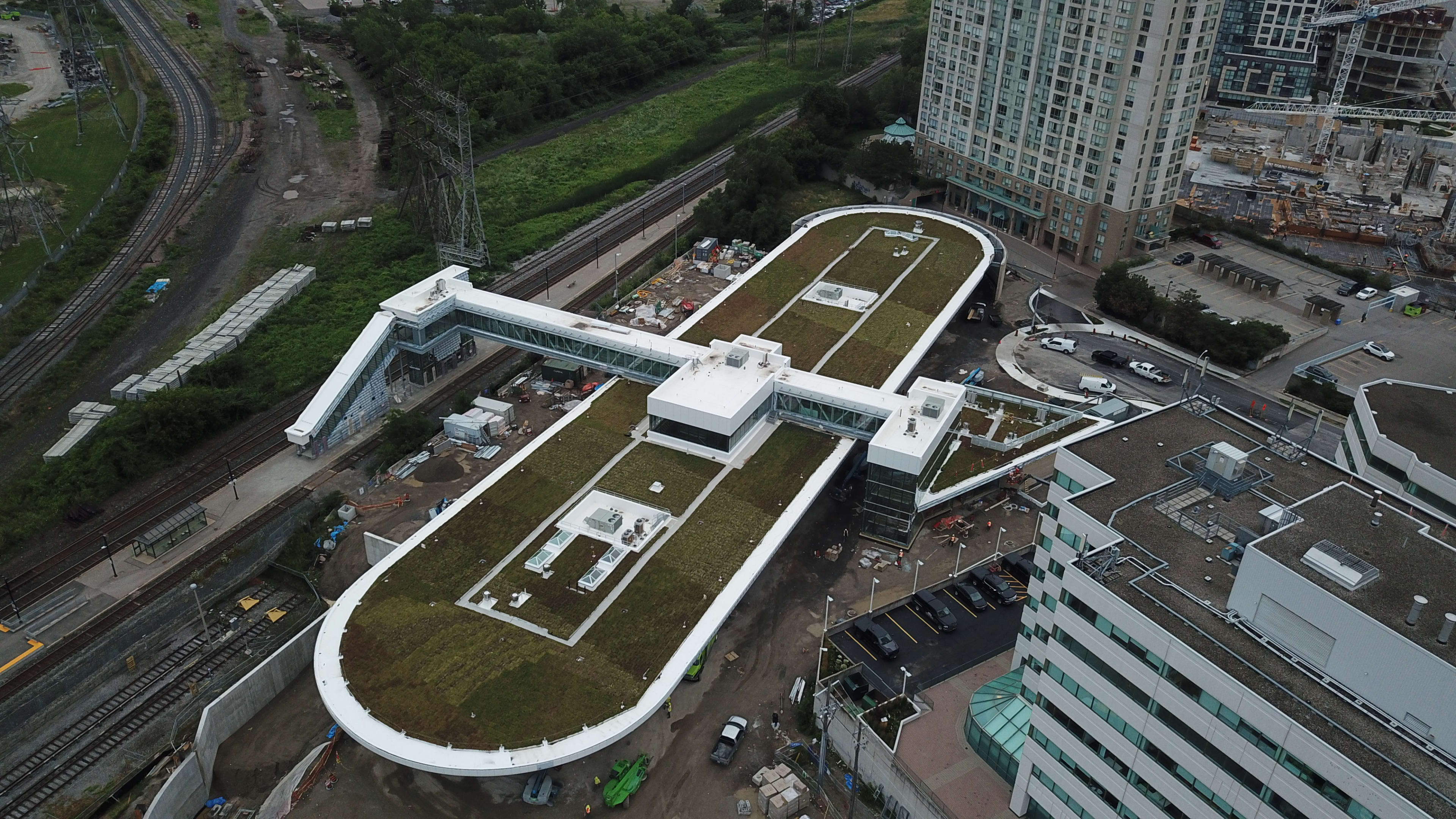 Aerial photo from a drone showing the green roof of the bus terminal
