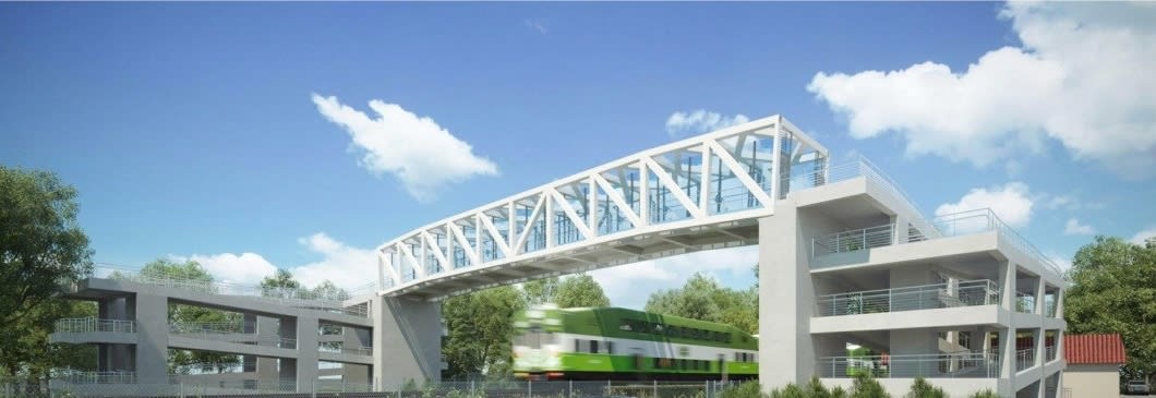 n artist rendering shows a high, white bridge over tracks as a GO train runs underneath. In the c...