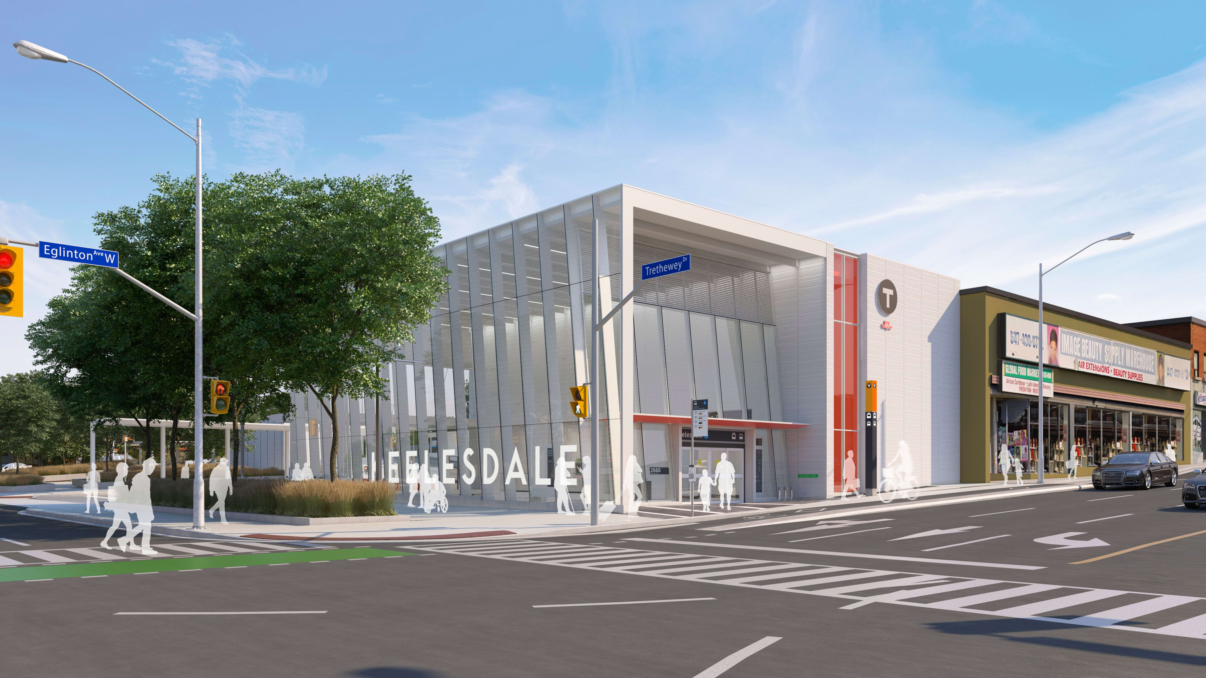 In an artist's rendering, the Keelesdale station is largely white, and build with a great deal of...