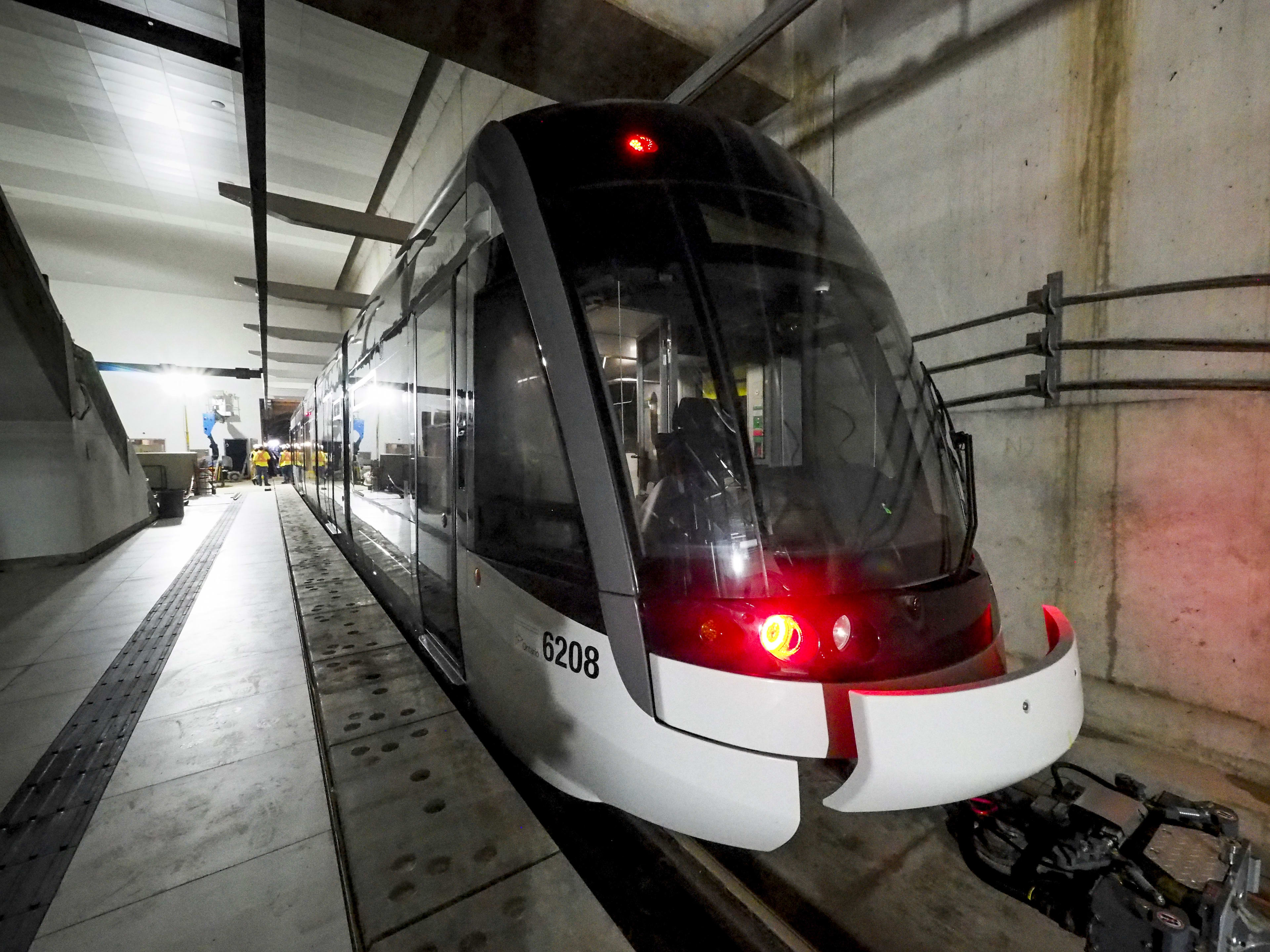 Close up of a Eglinton Crosstown LRV parked at Caledonia Station