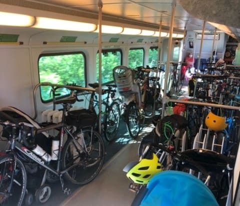 Inside of a Specialized bicycle train car full of bikes