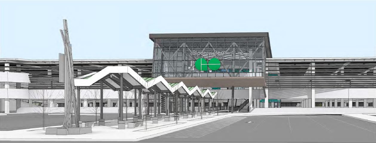 As an artist's concept, the outside of the Bloomington GO station is seen as a moder structure wi...