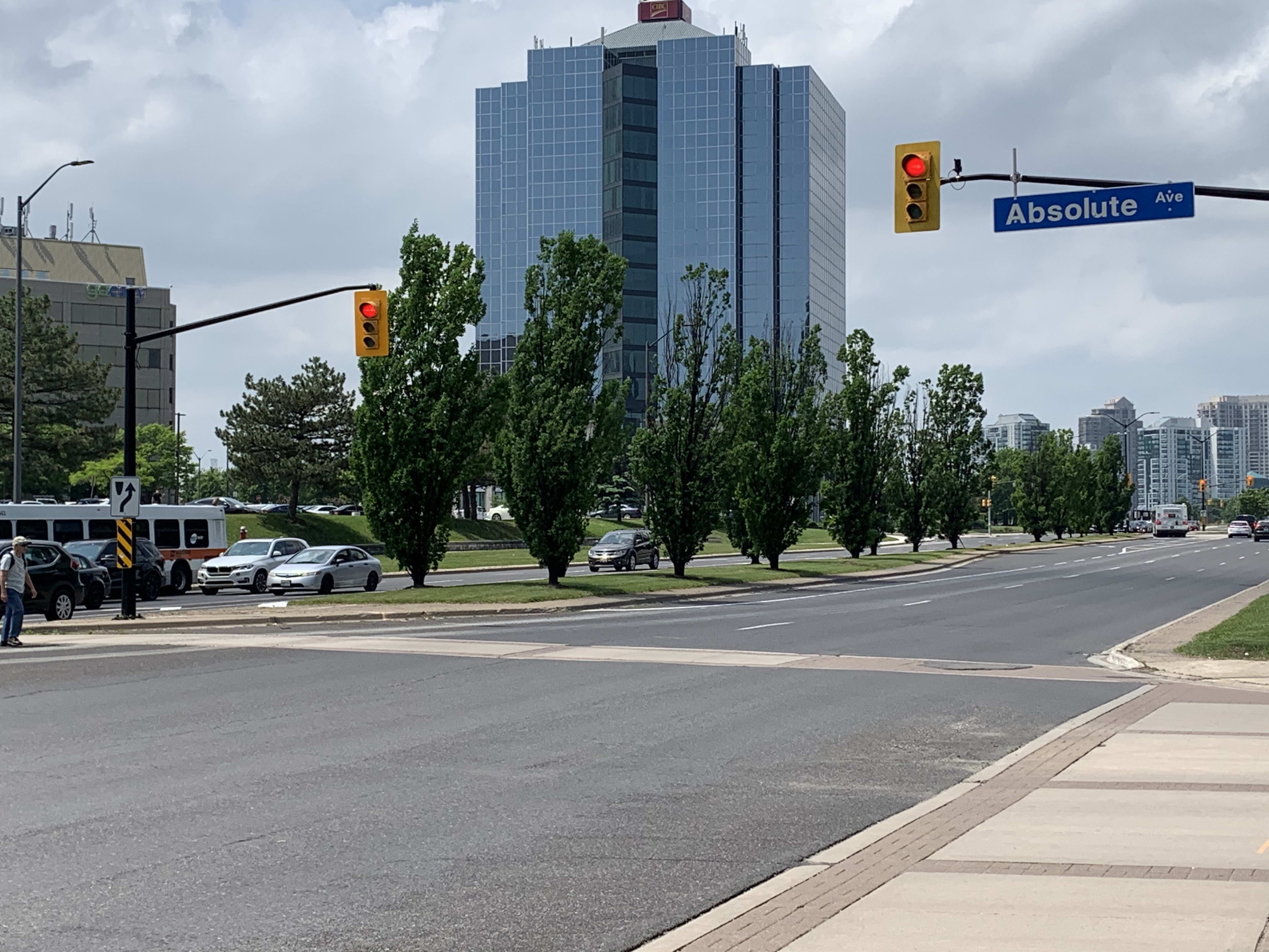 an intersection with red lights.