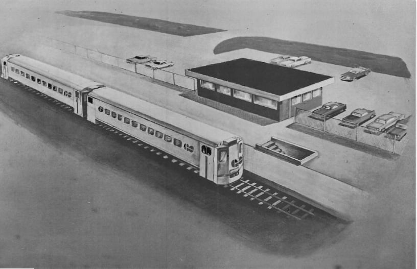 A rendering showing a simple train station with a GO train at the platform.