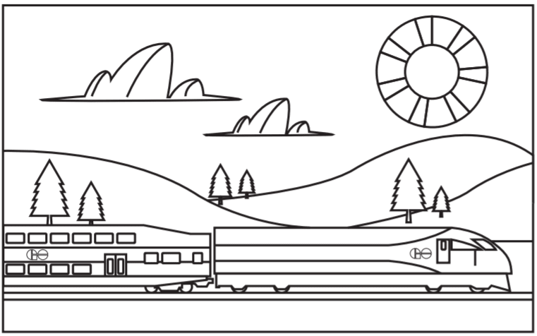 a colourig page of a train on a landscape.