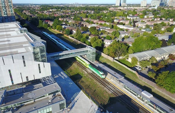 Aerial photo of Cooksville GO Station.