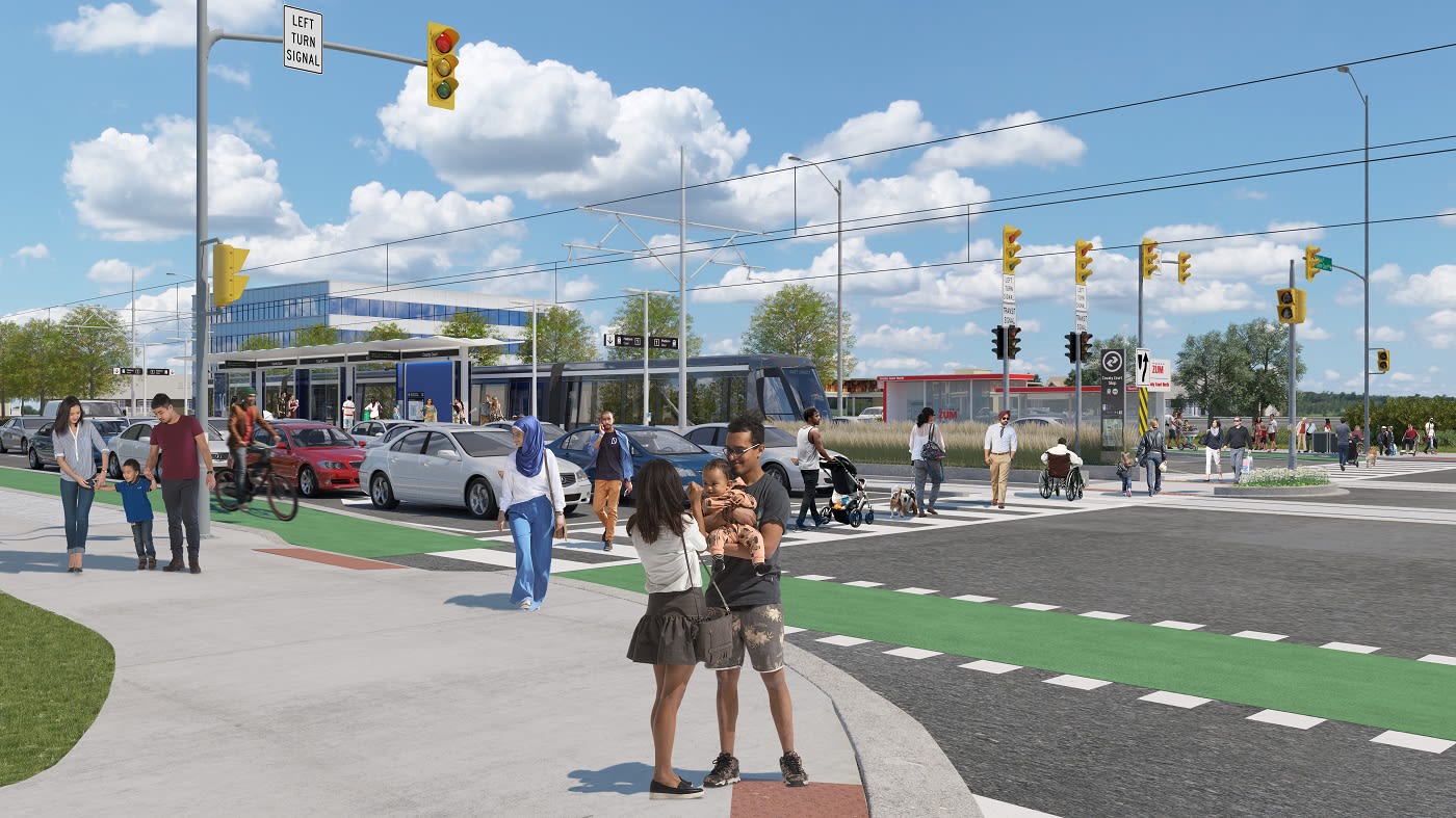 an artist rendering, complete with the LRT crossing an intersection wheer people are walking.