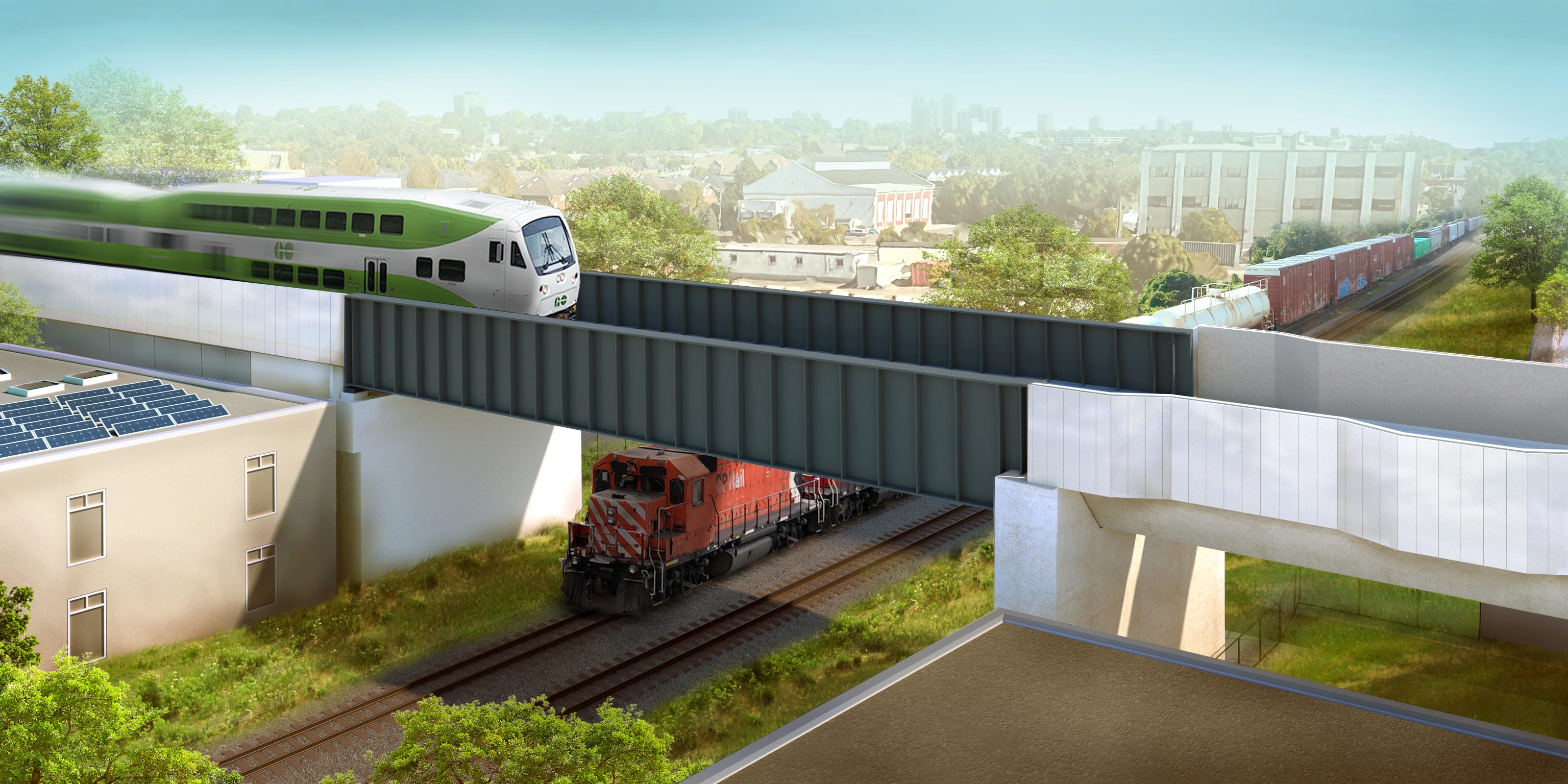 Design rendering showing the raised guideway above the CP tracks