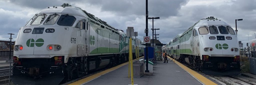 Newer model GO train locomotives sit ready to go at Oshawa GO Station