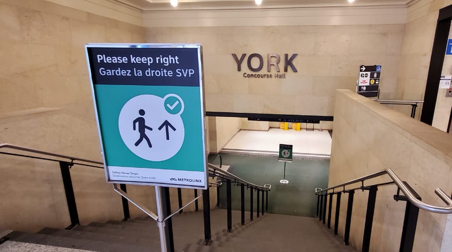 New signage that directs the flow of people at Union Station