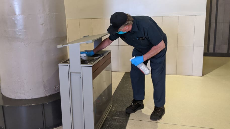Station staff cleaning surfaces at Union Station