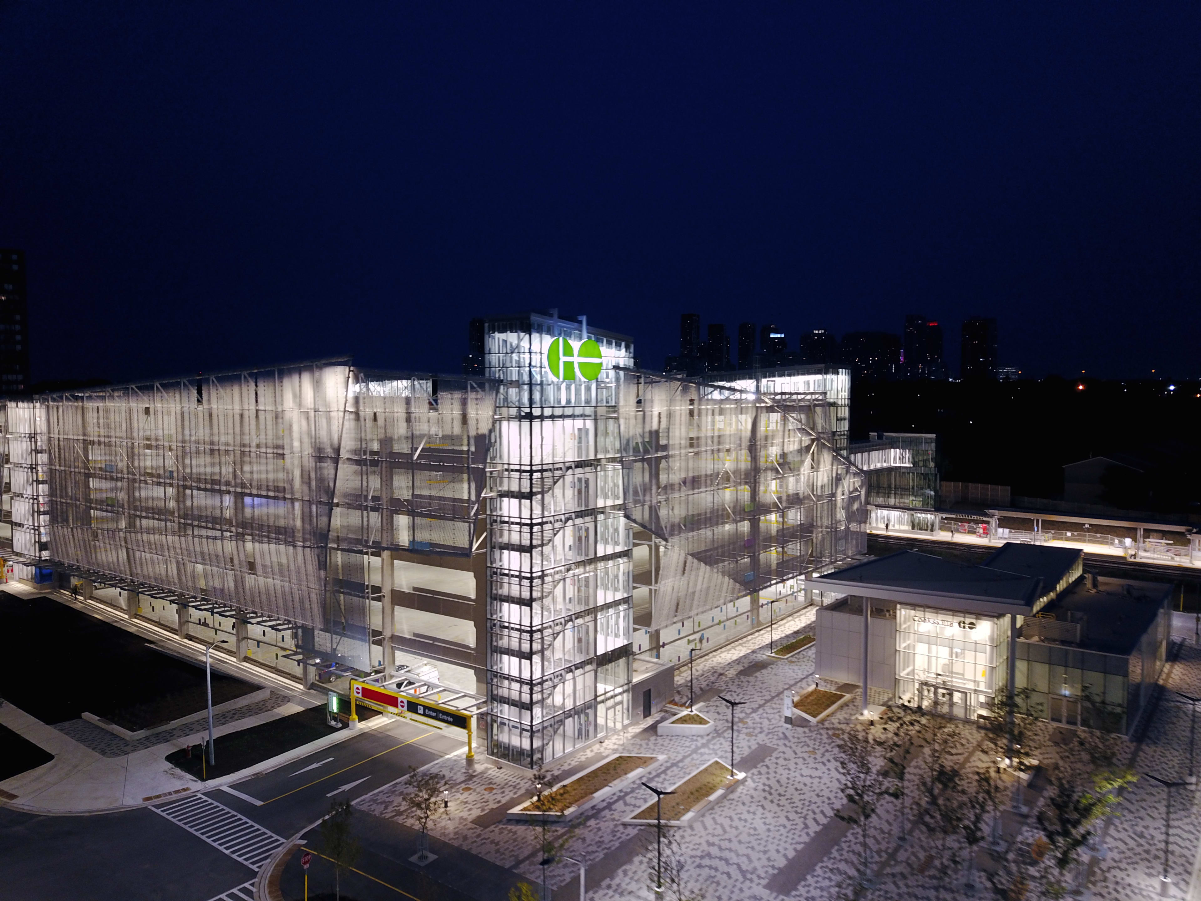 aerial view of The new parking garage and station building in the early morning