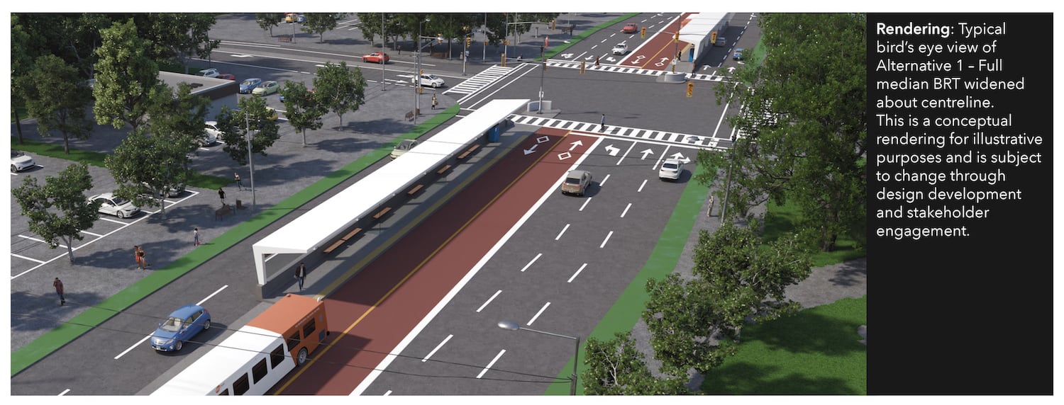 A digital rendering of a bus platform servicing an area with a light flow of traffic.
