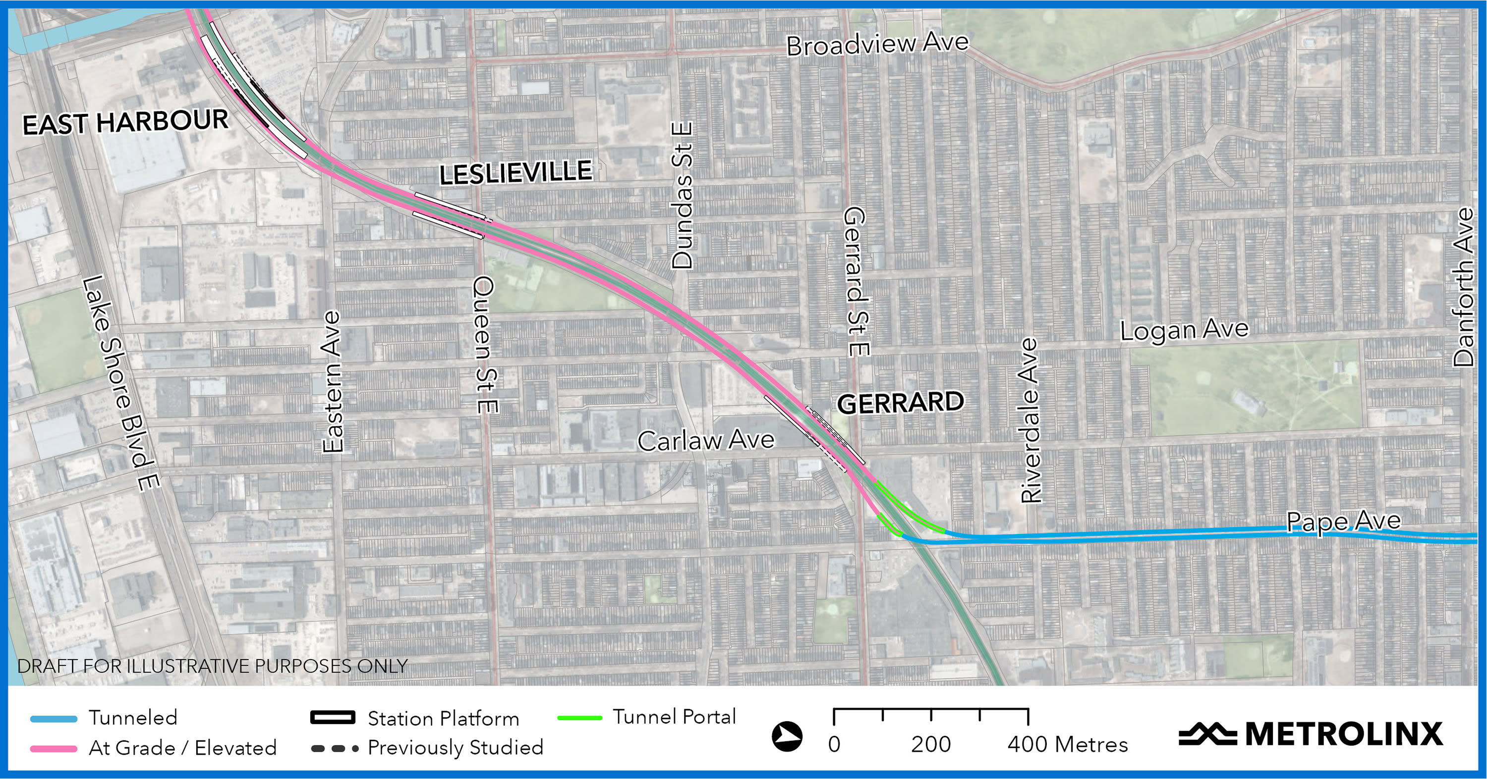 Updated Ontario Line plans from the Don River to Gerrard: Maximizing space within the existing GO...