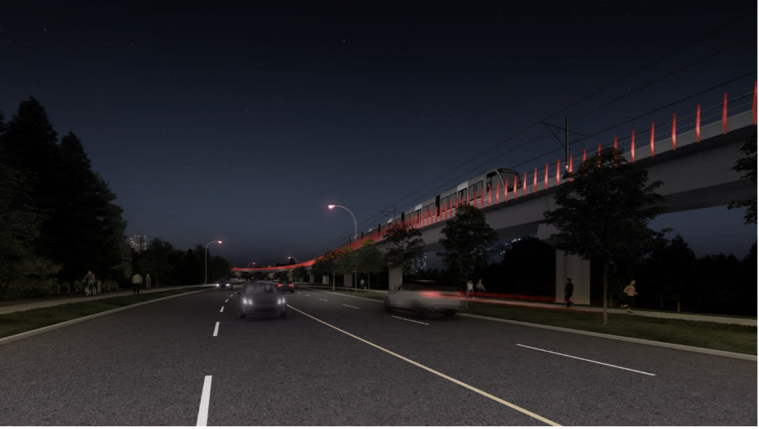 Preliminary design rendering showing a nighttime view of the lighting approach for the elevated s...