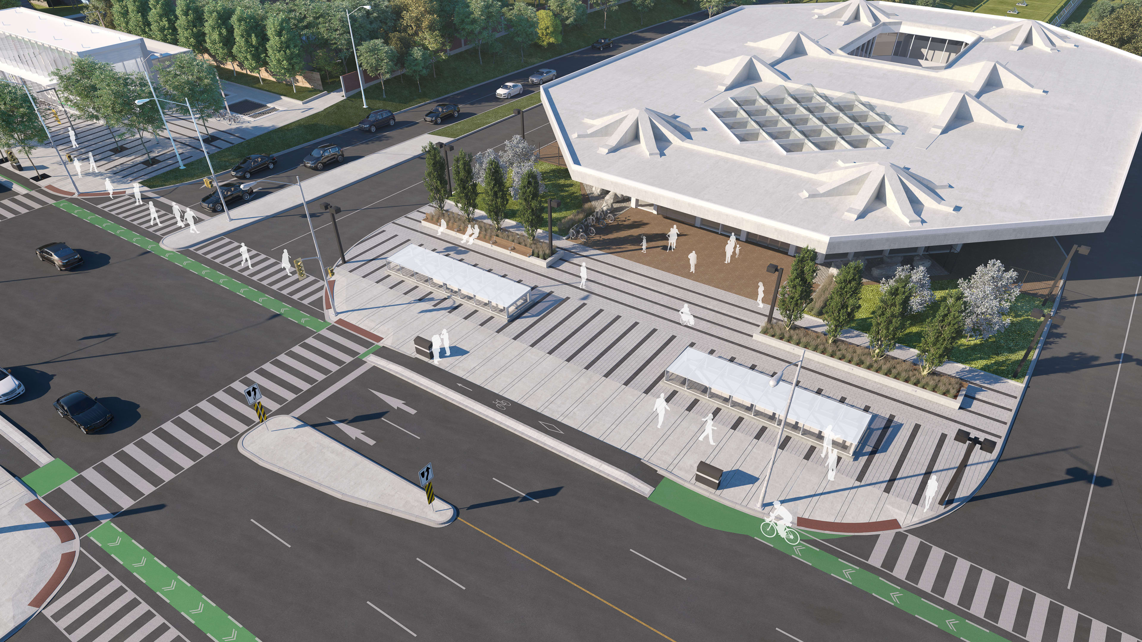 An artist depiction shows an view looking down at the large entrance of Cedarvale Station.