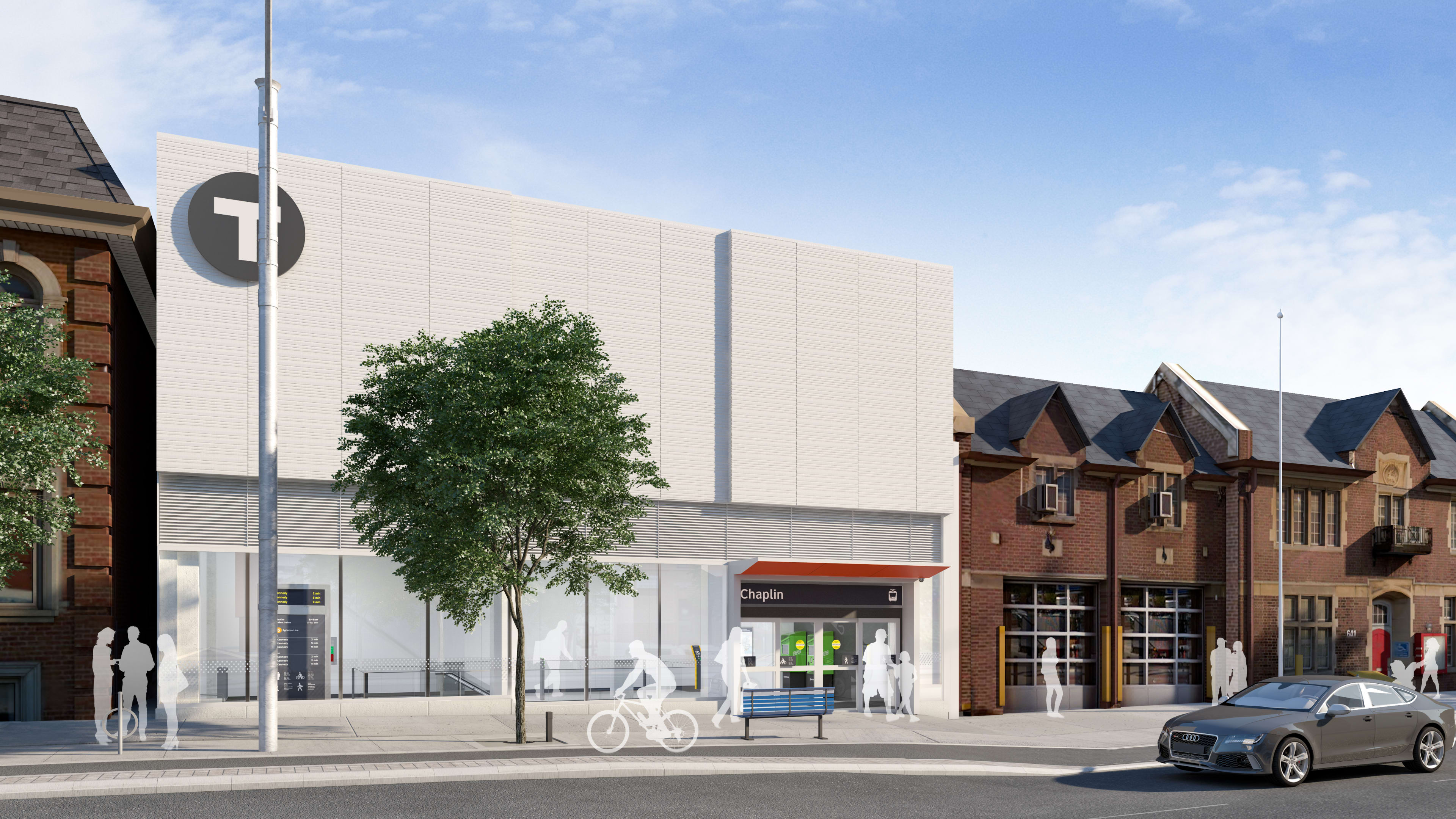 In an artist rendering, an old fire station is connected to the left of the new LRT station.