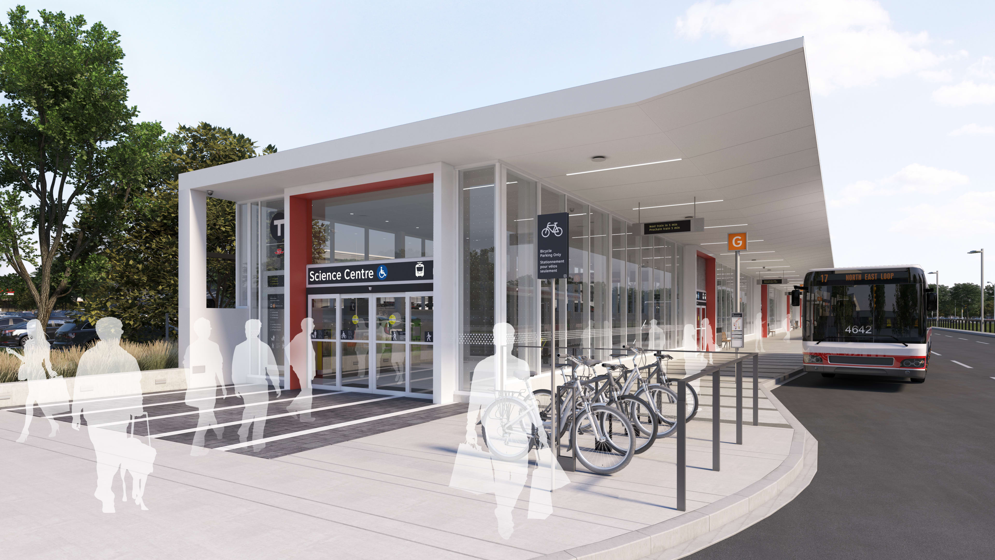 An artist concept shows customers walking in and out of an entrance to the new station. A TTC bus...