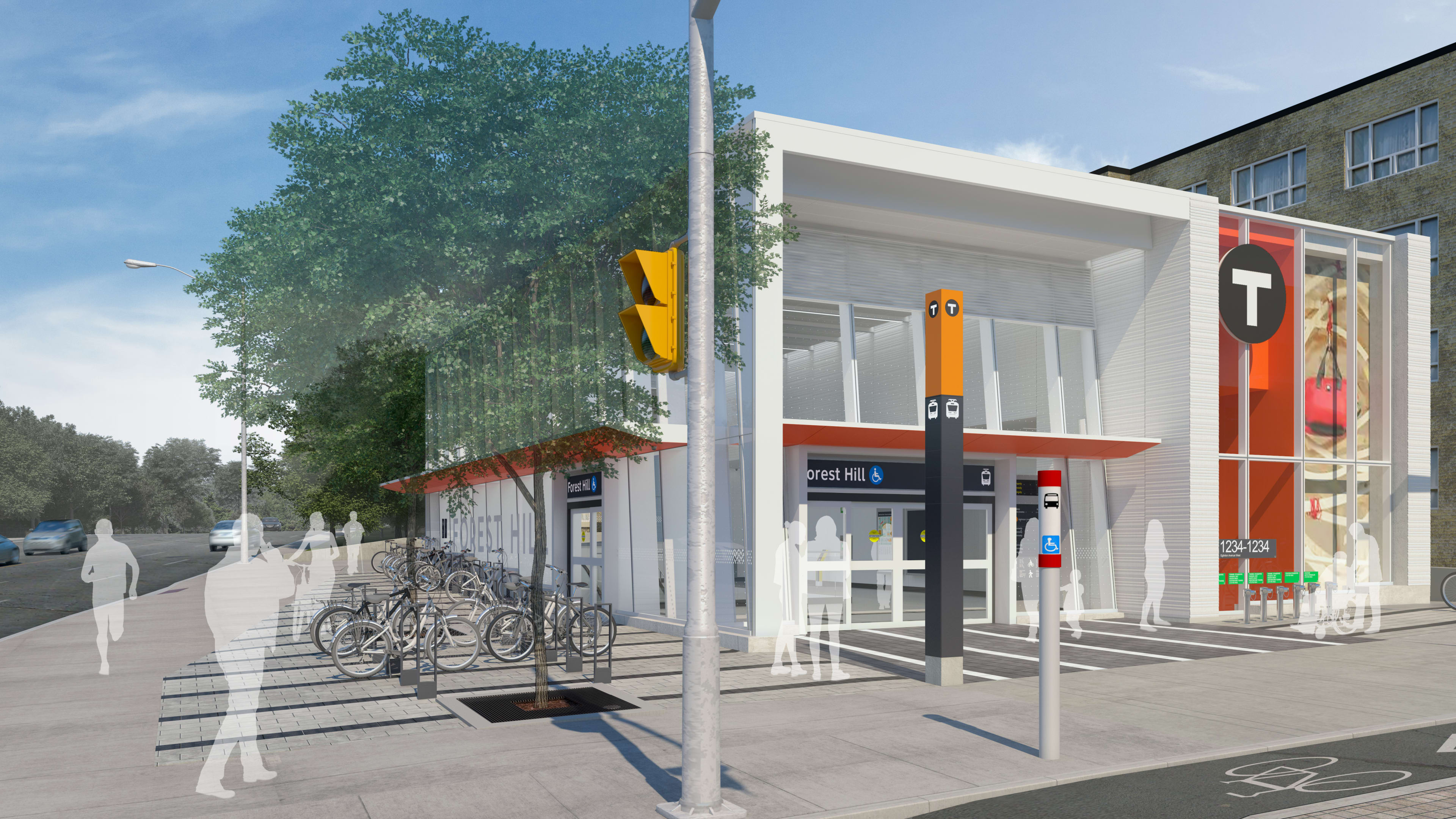 In an artist rendering, the Forest Hill station is shown up close, with bikes parked at the side.